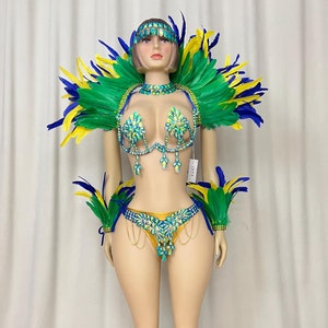 Carnival Dance Costume, Women's Green Yellow Blue Feathered Crystal Embellished Brazilian Samba Set