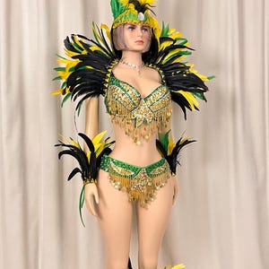 Carnival Samba Dance Costume Adult Female Green Yellow Black Sequin Feather Rhinestone Bra Bottom Set
