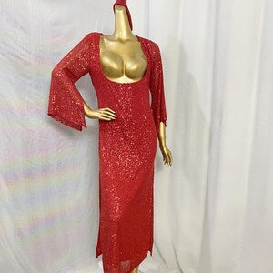 Women's Red Sequin Deep U-Neck Bell Sleeve Maxi Dress, Latin Dance