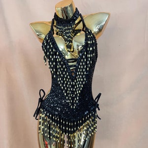 Dancewear Women's Black & Gold Sequin Beaded Fringe Halter Bodysuit