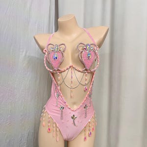 Women's Pink Sequin Beaded Rhinestone Halter Bodysuit Rave Dancewear