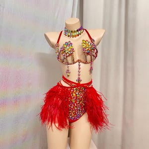 Women's Red Rhinestone Feather Crystal Carnival Samba Dance Costume