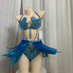 Women's Blue Sequin Feathered Halter Neck Rhinestone Bra & Briefs Set for Carnival Dance