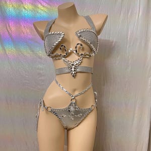 Women's Silver Rhinestone Harness Bra and High-Waisted Bikini Bottom Set - Rave, Festival, Pole Dance