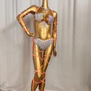 Women's Iridescent Rhinestone Fringe Bikini Set with Orange Wrap-Around Straps, Belly Dance Costume