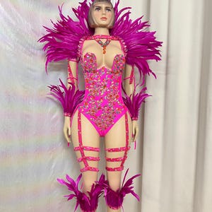 Women's Hot Pink Feathered Rhinestone Bodysuit with Garters and Leg Warmers, Carnival Dance