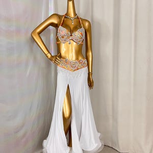 Belly Dance Costume, Women's White & Orange Halter Bra & Hip Scarf with Rhinestones, Slit Skirt, Chiffon & Spandex