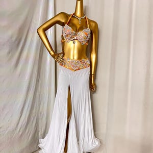 Belly Dance Costume, Women's White & Orange Halter Bra & Hip Scarf with Rhinestones, Slit Skirt, Chiffon & Spandex