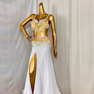 Women's White & Gold Sequin Fringe Slit Belly Dance Costume
