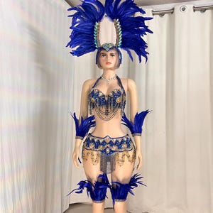 Women's Blue Feathered Sequin Beaded Carnival Samba Dance Costume Set