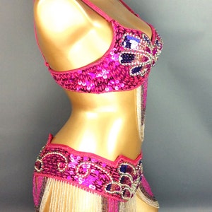 Belly Dance Costume Women's Hot Pink Sequin & Bead Embellished Bra & Belt Set with Dangling Chains, Professional Performance Wear