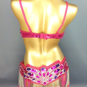 Belly Dance Costume Women's Hot Pink Sequin & Bead Embellished Bra & Belt Set with Dangling Chains, Professional Performance Wear