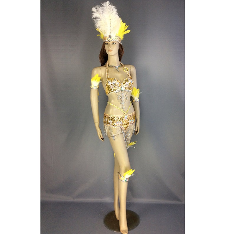 Dancewear Women's Gold Sequin Feather Halter Bra and Skirt Set with Body Chains, Brazilian Carnival Samba Costume