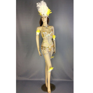 Dancewear Women's Gold Sequin Feather Halter Bra and Skirt Set with Body Chains, Brazilian Carnival Samba Costume