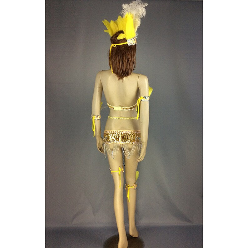 Dancewear Women's Gold Sequin Feather Halter Bra and Skirt Set with Body Chains, Brazilian Carnival Samba Costume