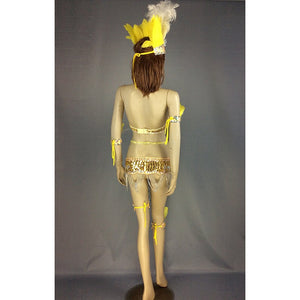 Dancewear Women's Gold Sequin Feather Halter Bra and Skirt Set with Body Chains, Brazilian Carnival Samba Costume