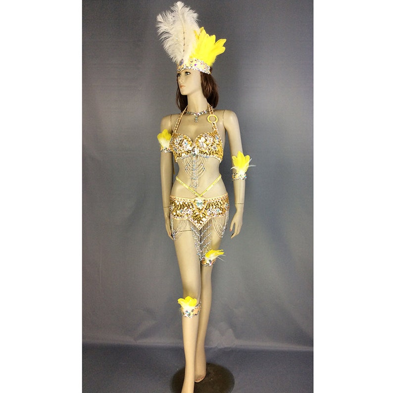 Dancewear Women's Gold Sequin Feather Halter Bra and Skirt Set with Body Chains, Brazilian Carnival Samba Costume
