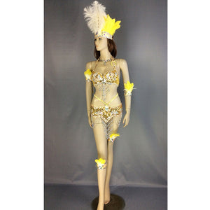 Dancewear Women's Gold Sequin Feather Halter Bra and Skirt Set with Body Chains, Brazilian Carnival Samba Costume