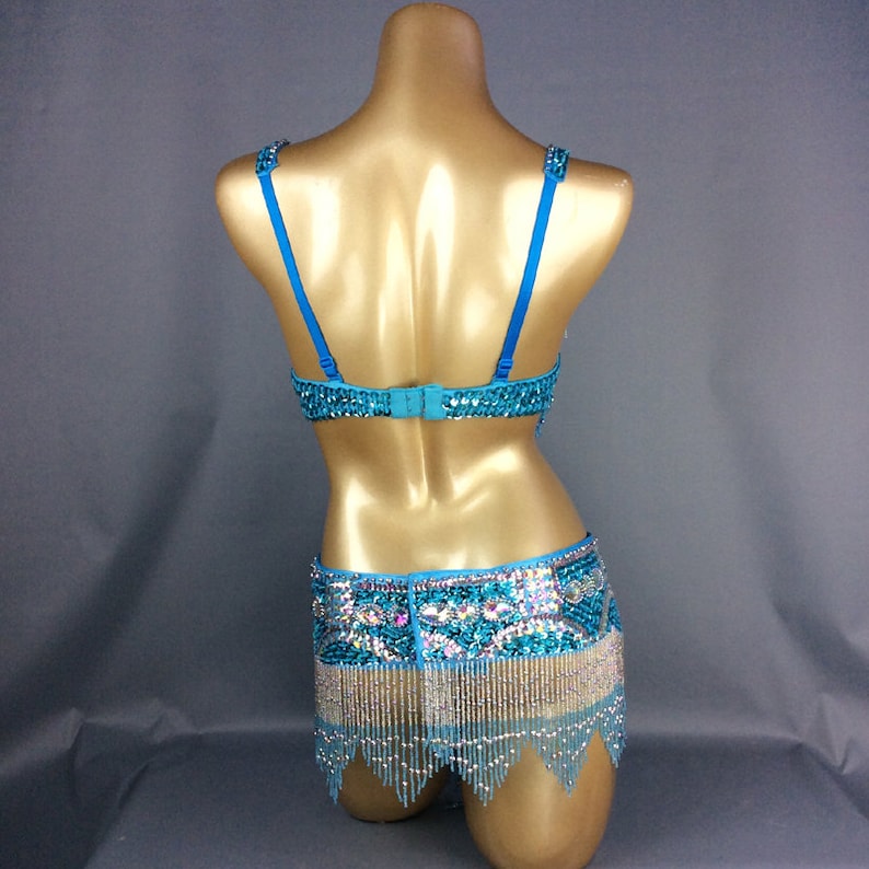 Belly Dance Costume, Women's Teal Sequin & Beaded Fringe Bra and Belt Set, Cabaret Dancewear