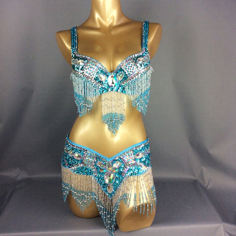 Belly Dance Costume, Women's Teal Sequin & Beaded Fringe Bra and Belt Set, Cabaret Dancewear