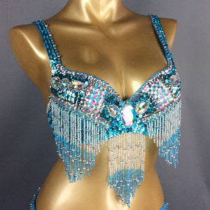 Belly Dance Costume, Women's Teal Sequin & Beaded Fringe Bra and Belt Set, Cabaret Dancewear
