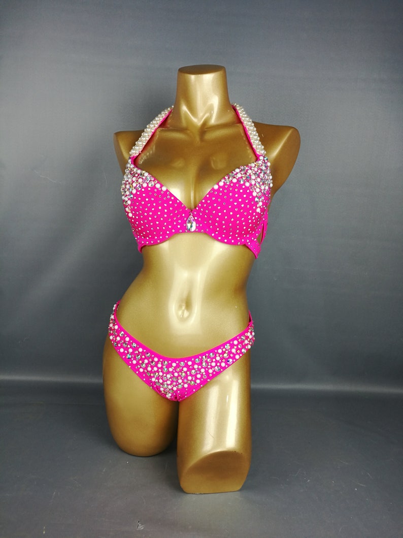 Women's Hot Pink Crystal & Pearl Embellished Halter Bikini Set, Competition Dancewear
