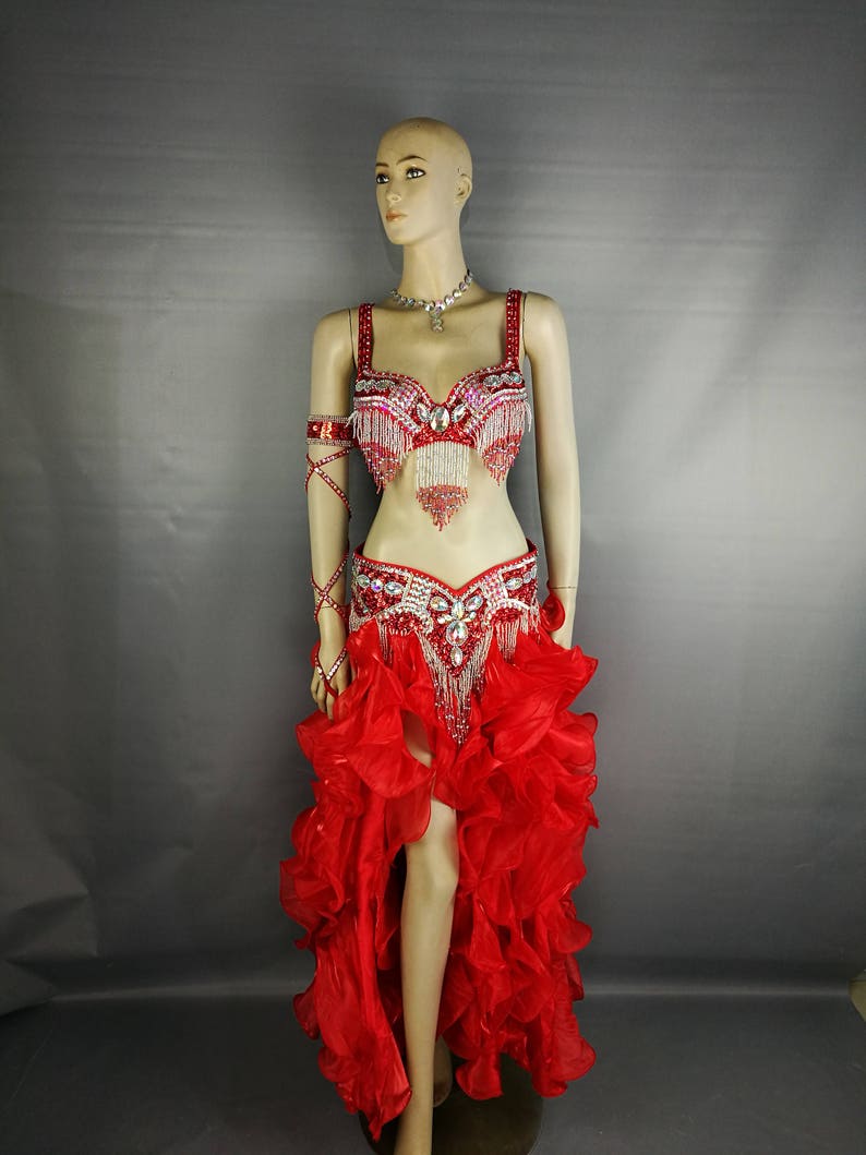 Women's Red Sequin Beaded Ruffled Chiffon Belly Dance Costume