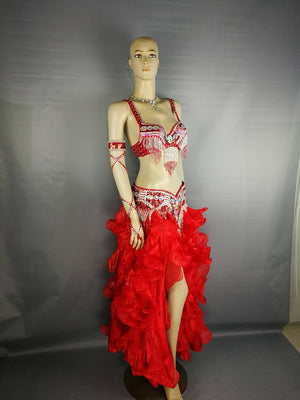 Women's Red Sequin Beaded Ruffled Chiffon Belly Dance Costume
