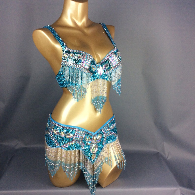 Belly Dance Costume, Women's Teal Sequin & Beaded Fringe Bra and Belt Set, Cabaret Dancewear