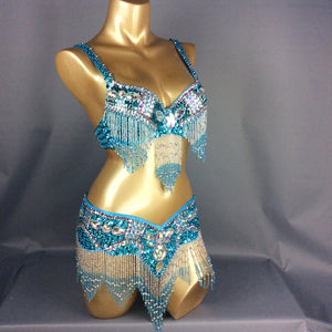 Belly Dance Costume, Women's Teal Sequin & Beaded Fringe Bra and Belt Set, Cabaret Dancewear