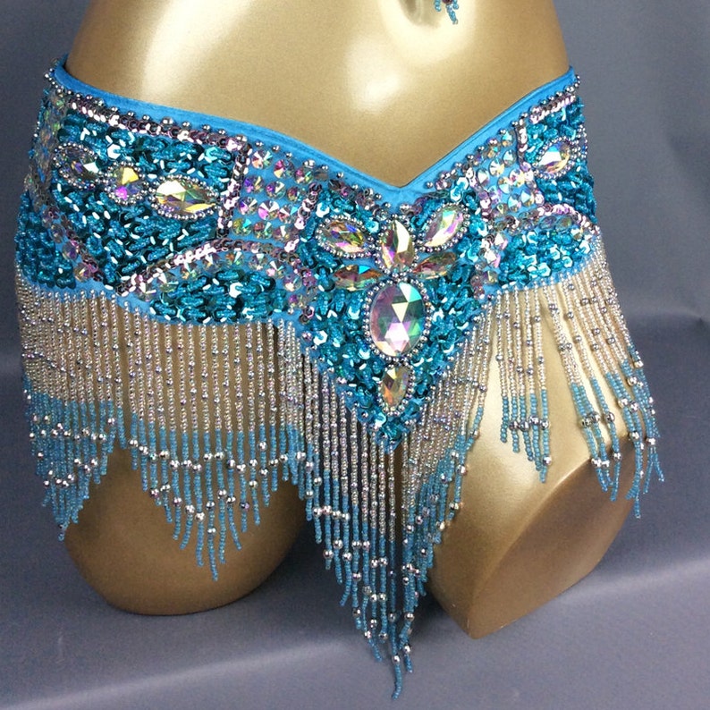 Belly Dance Costume, Women's Teal Sequin & Beaded Fringe Bra and Belt Set, Cabaret Dancewear