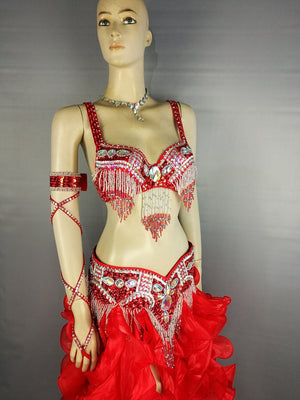 Women's Red Sequin Beaded Ruffled Chiffon Belly Dance Costume