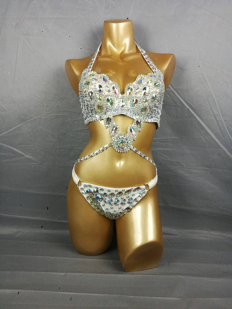 Dancewear Bikini, Women's White Embellished Halter Neck Rhinestone Competition Dance Costume