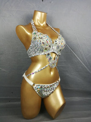 Dancewear Bikini, Women's White Embellished Halter Neck Rhinestone Competition Dance Costume