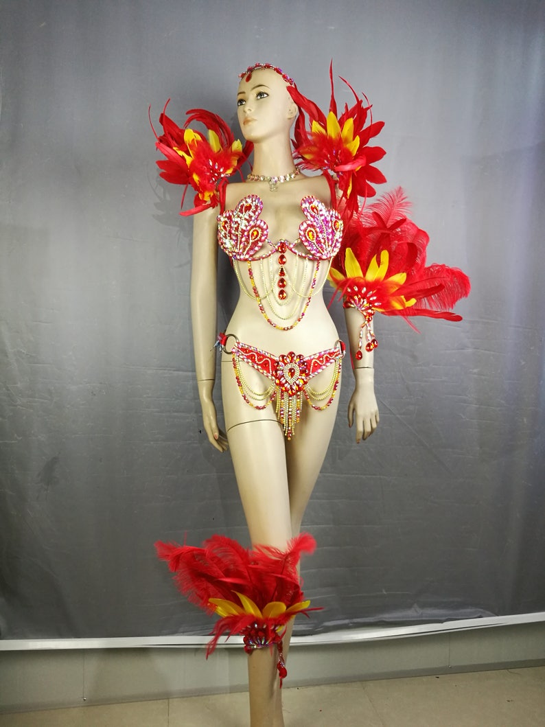 Carnival Samba Belly Dance Costume, Women's Red & Gold Sequin Feathered Bra, Belt, & Armband Set, Brazilian Showgirl Outfit