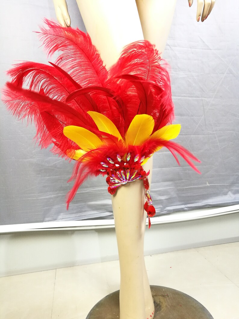 Carnival Samba Belly Dance Costume, Women's Red & Gold Sequin Feathered Bra, Belt, & Armband Set, Brazilian Showgirl Outfit