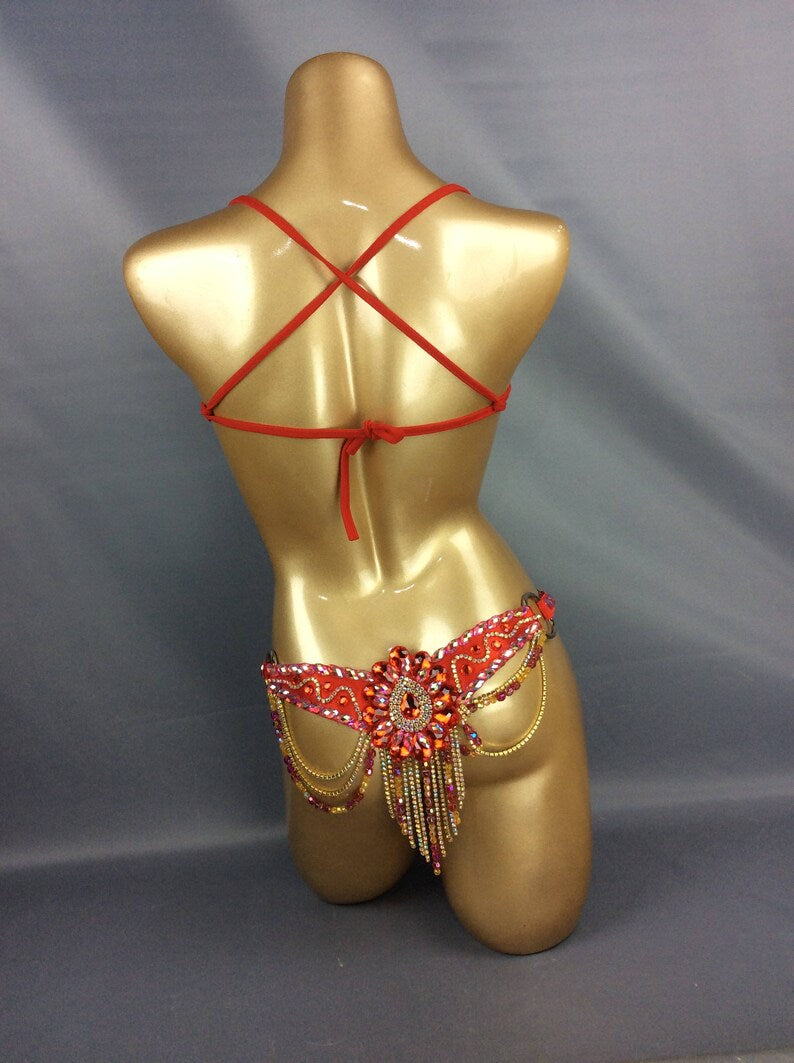 Carnival Samba Belly Dance Costume, Women's Red & Gold Sequin Feathered Bra, Belt, & Armband Set, Brazilian Showgirl Outfit