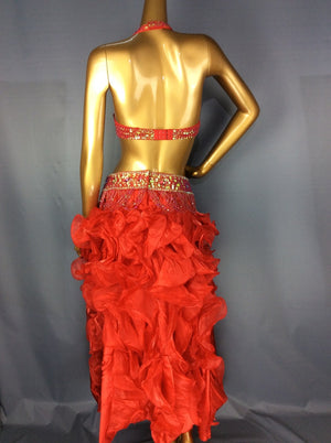 Women's Red Beaded Halter Top Ruffled Skirt Belly Dance Costume