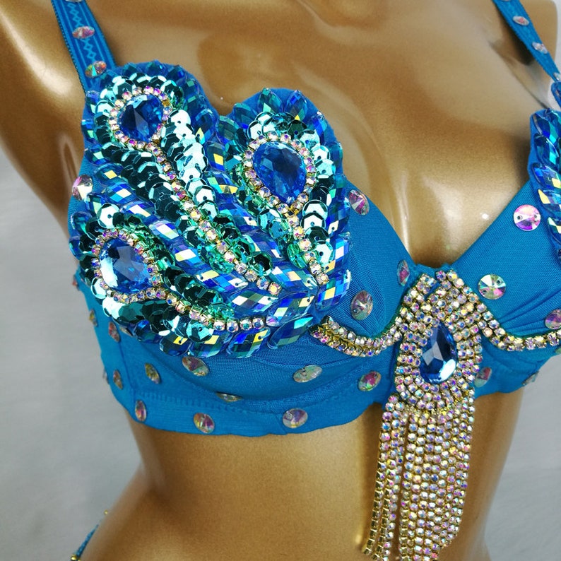 Belly Dance Costume Women's Teal Blue Sequin & Jewel Embellished Bra and Hip Scarf Set