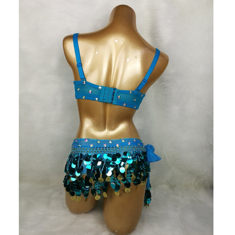 Belly Dance Costume Women's Teal Blue Sequin & Jewel Embellished Bra and Hip Scarf Set