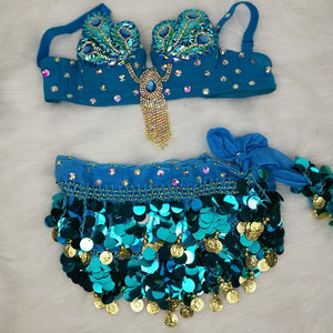 Belly Dance Costume Women's Teal Blue Sequin & Jewel Embellished Bra and Hip Scarf Set