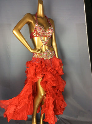 Women's Red Beaded Halter Top Ruffled Skirt Belly Dance Costume