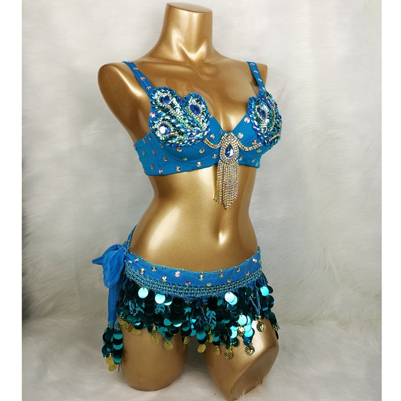 Belly Dance Costume Women's Teal Blue Sequin & Jewel Embellished Bra and Hip Scarf Set