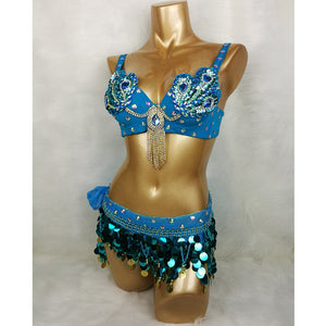 Belly Dance Costume Women's Teal Blue Sequin & Jewel Embellished Bra and Hip Scarf Set