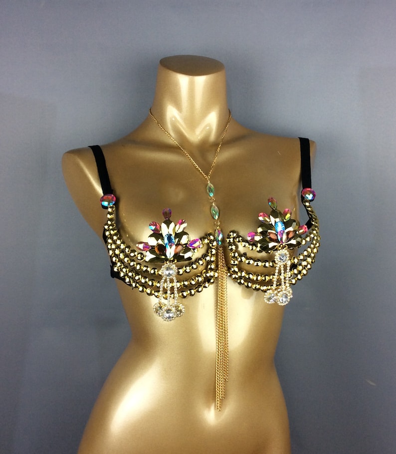 Dance Bra Top, Women's Yellow & Gold Bejeweled Chain Fringe Tribal Belly Dance Costume Top
