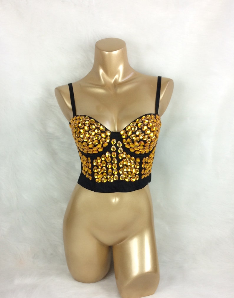 Bustier Top Women's Black Gold Embellished Rhinestone Strapless Dancewear