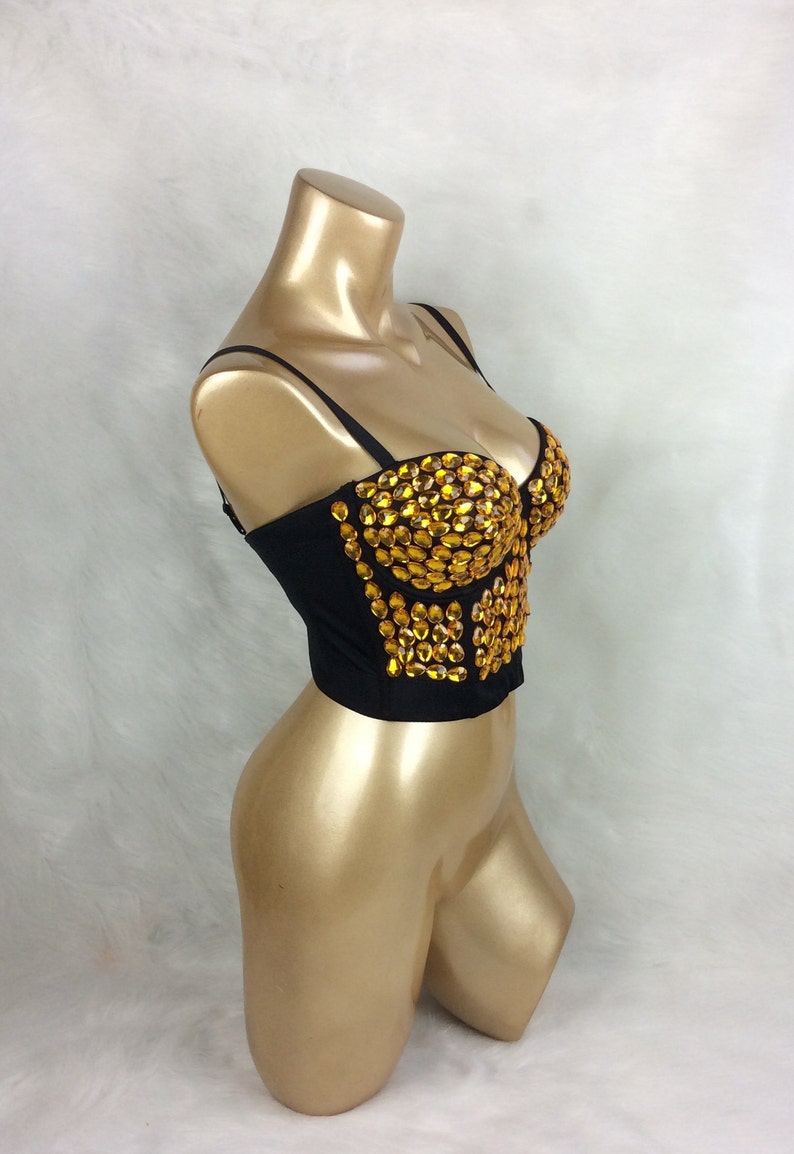 Bustier Top Women's Black Gold Embellished Rhinestone Strapless Dancewear