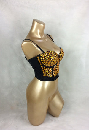 Bustier Top Women's Black Gold Embellished Rhinestone Strapless Dancewear