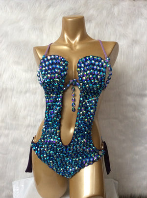 Women's Blue Sequin Beaded Cutout Bodysuit Latin Dance Costume