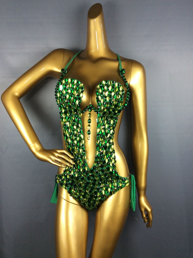 Women's Blue Sequin Beaded Cutout Bodysuit Latin Dance Costume